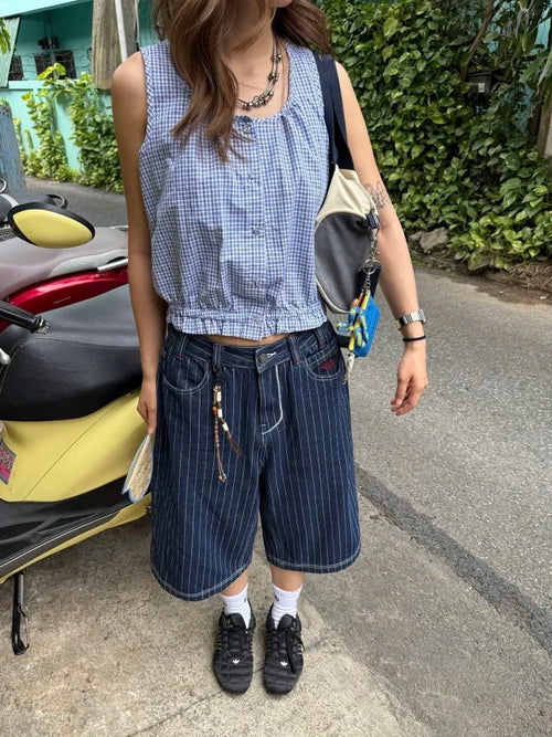 Harajuku Y2k Women's Light Blue Calf Length Cargo Jeans Baggy Denim Trousers Japanese 2000s Oversize Jean Pants Vintage Clothes