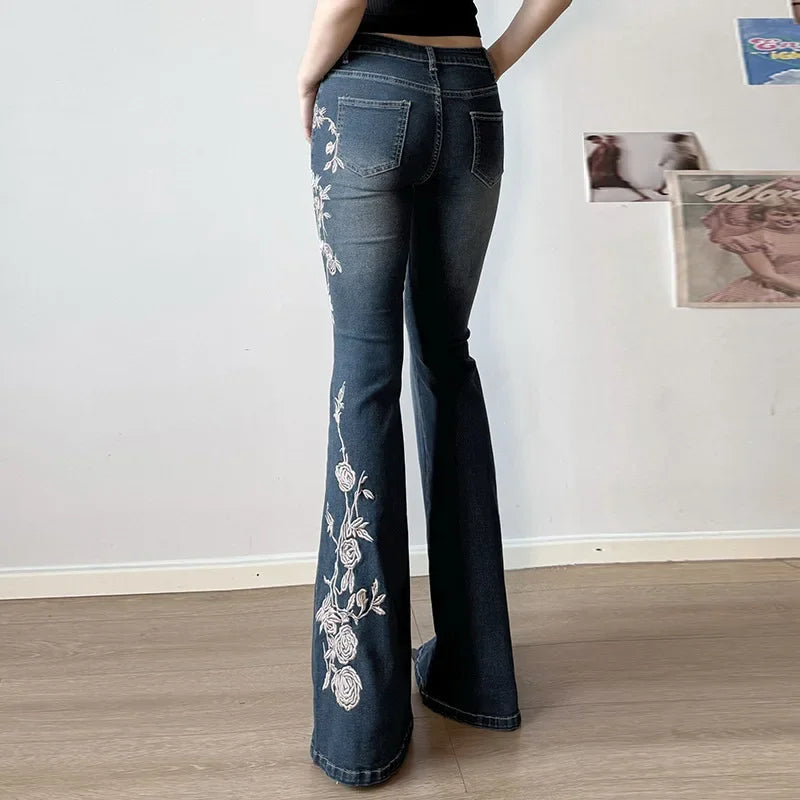 Retro Y2k Jeans Baggy Floral Embroidery Jeans Women Vintage 2000s Low Rise Flared Denim Pants High Street Basic Trousers