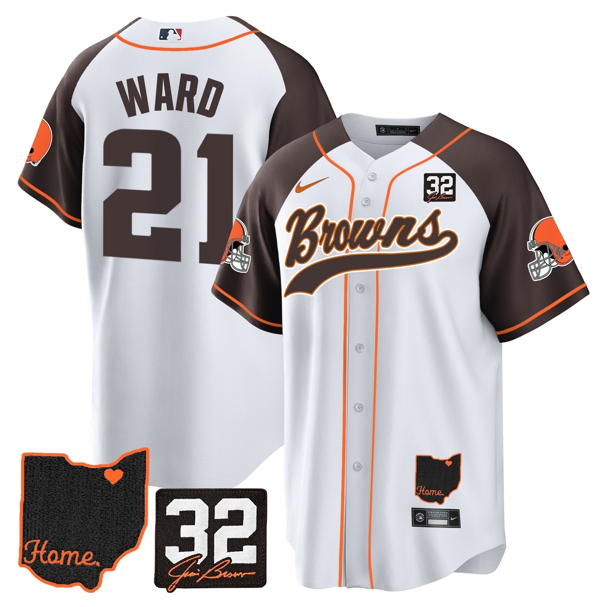 Browns #32 Jim Brown Memorial & Home Patch Baseball Jersey V2 - Stitched