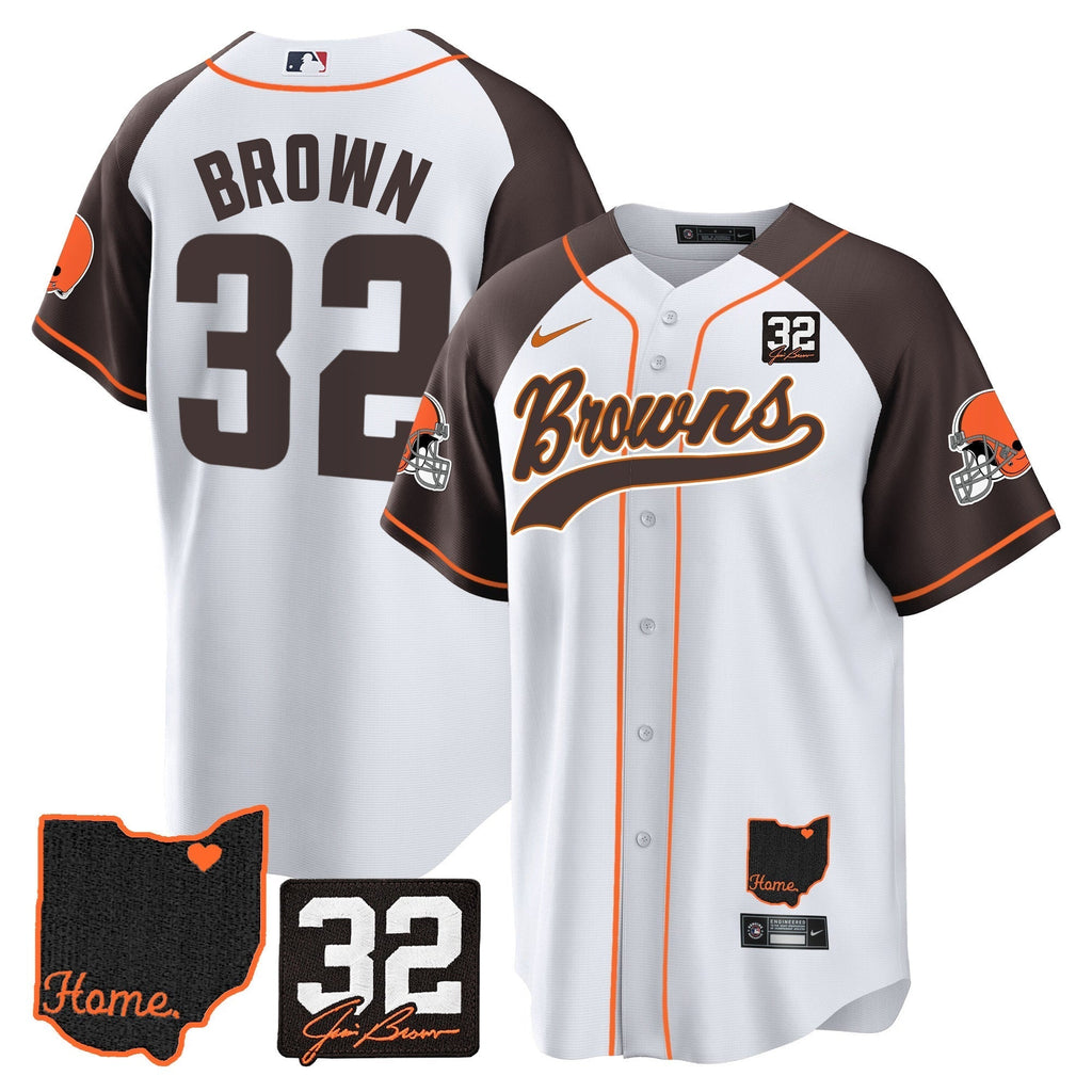 Browns #32 Jim Brown Memorial & Home Patch Baseball Jersey V2 - Stitched