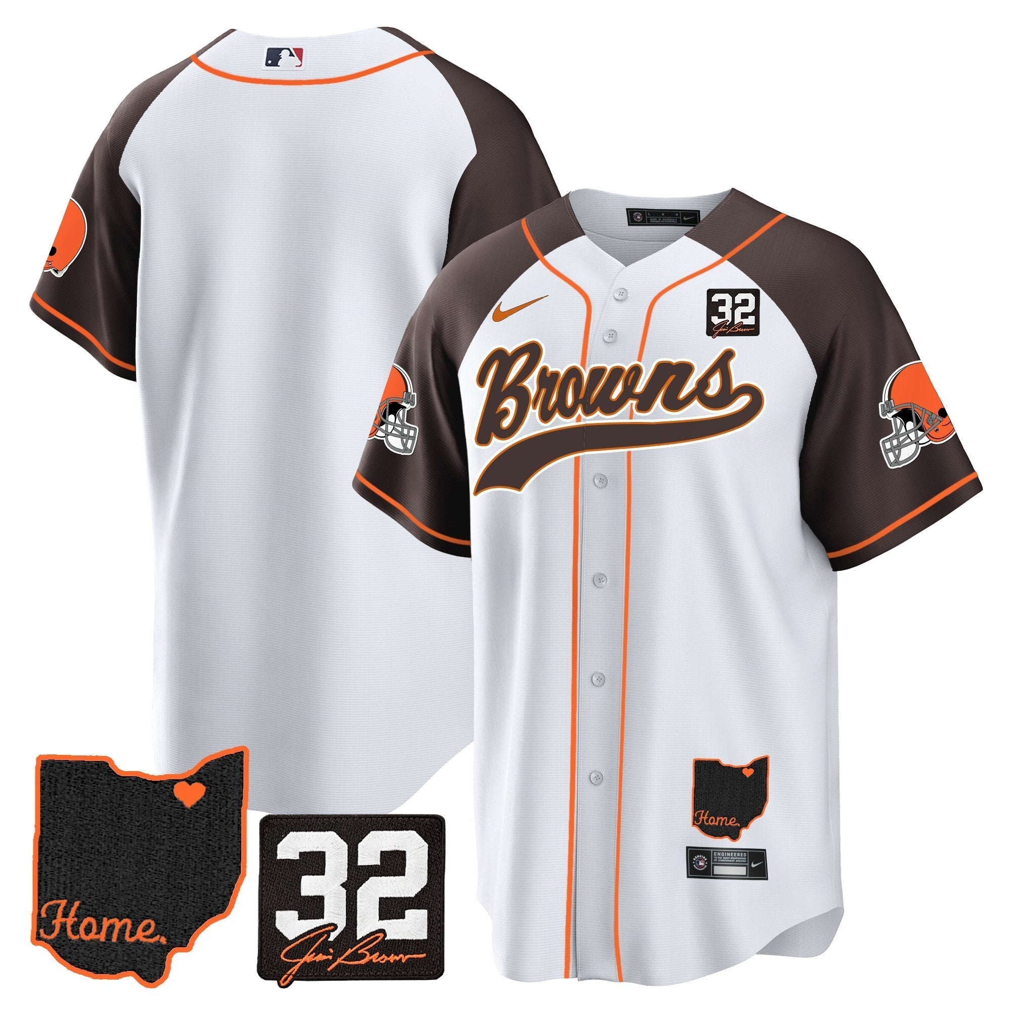 Browns #32 Jim Brown Memorial & Home Patch Baseball Jersey V2 - Stitched